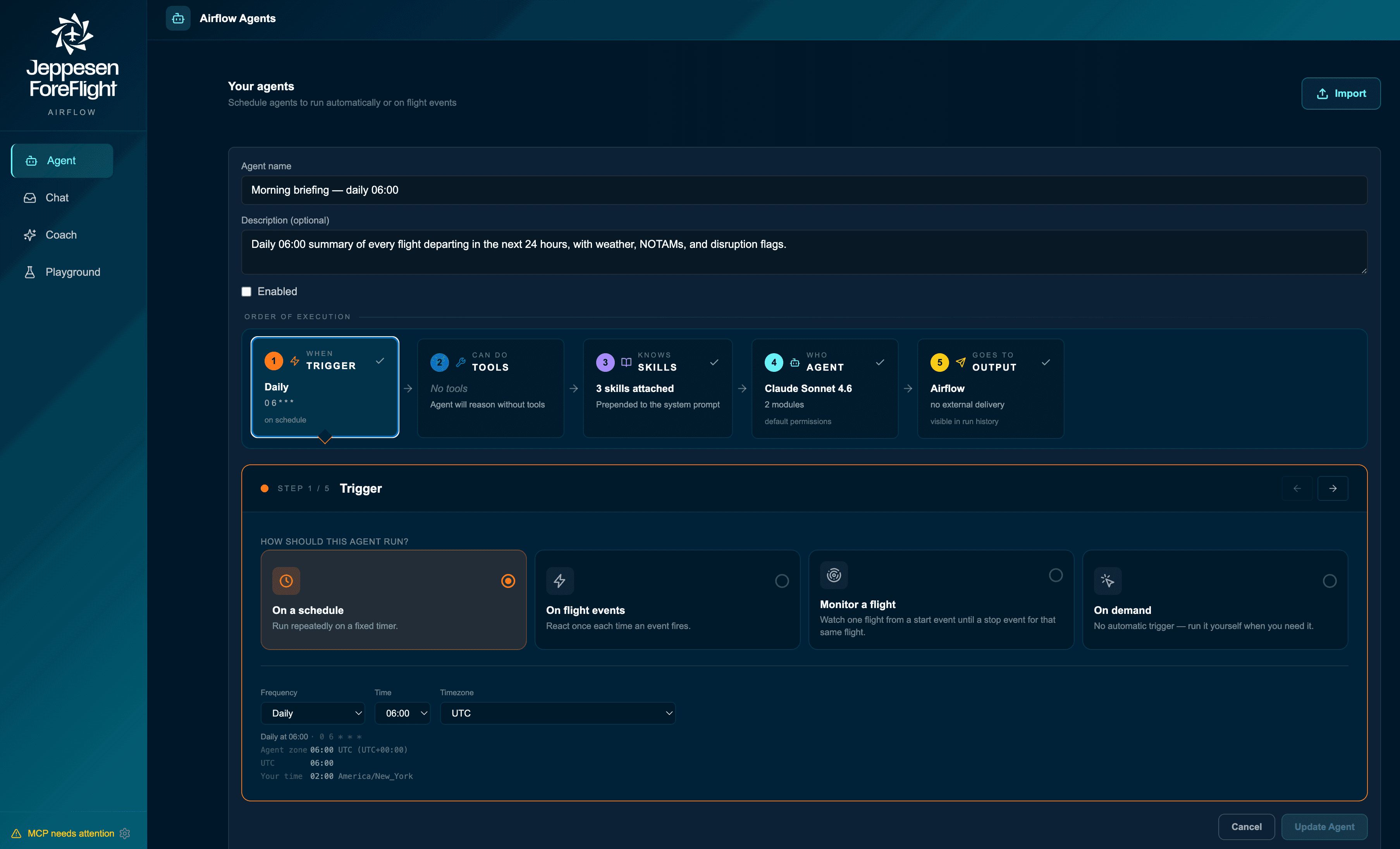 Jeppesen ForeFlight Airflow™ Agents: the agent editor showing the five-part order of execution.